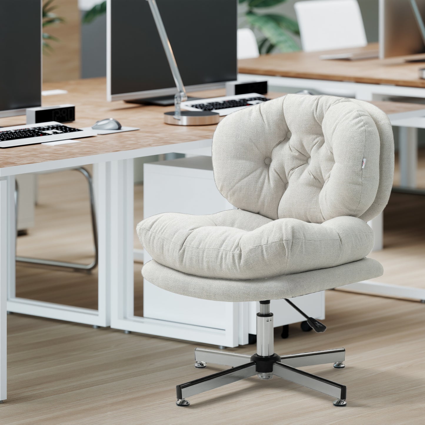 Computer Desk Chair, Armless Office Chair with Wide Padded Seat and Adjustable Height, Cream White