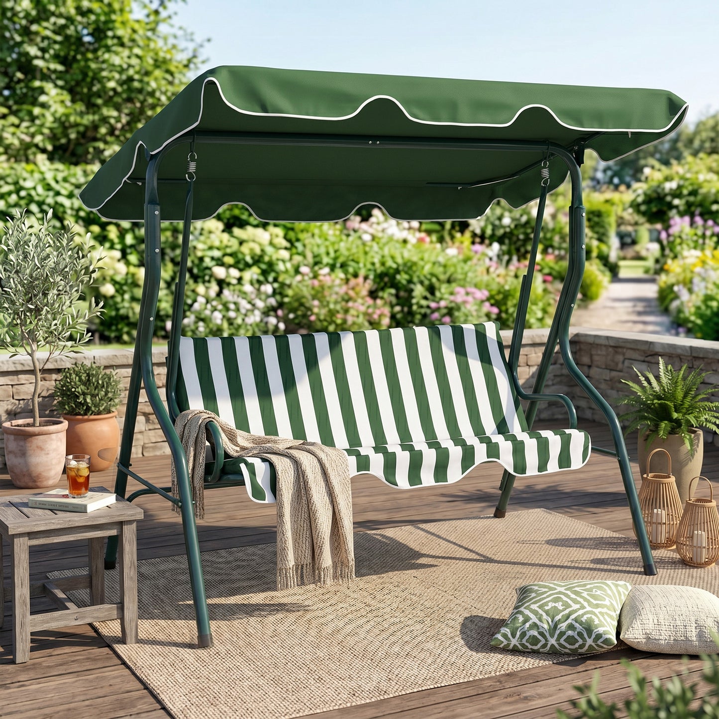 Outdoor Porch Swing with Adjustable Canopy, 3-Seater Patio Swing Chair with Cushion, Black