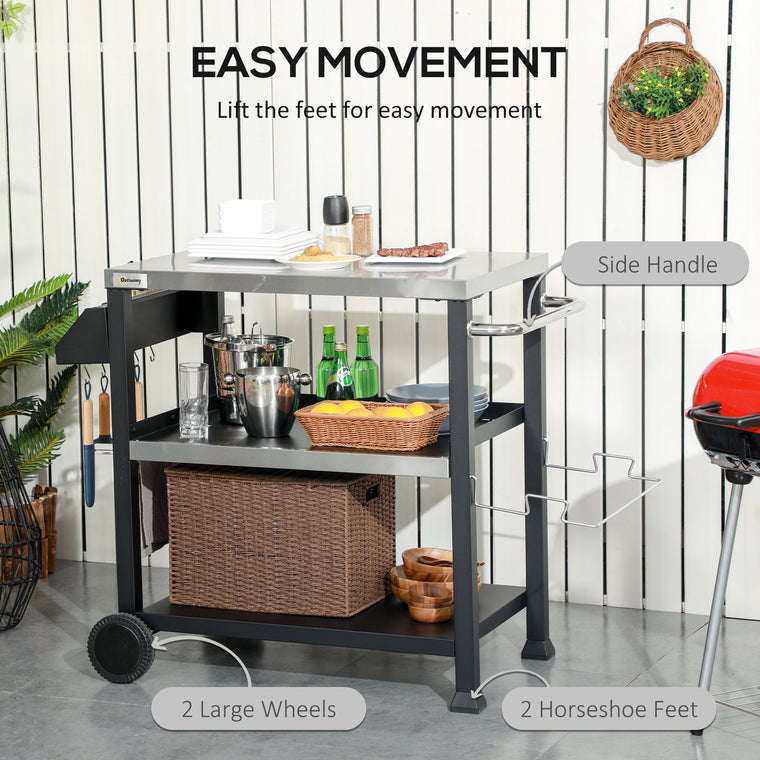 3-Shelf Black Grill Cart with Stainless Steel Top & Wheels