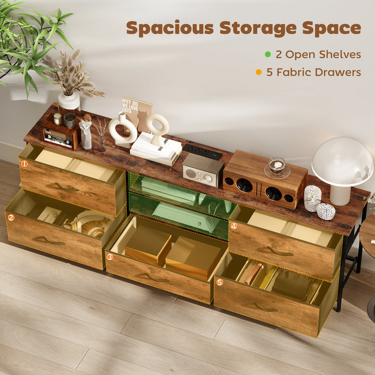 70" TV Stand with 5 Drawers and Charging Station - Rustic Brown