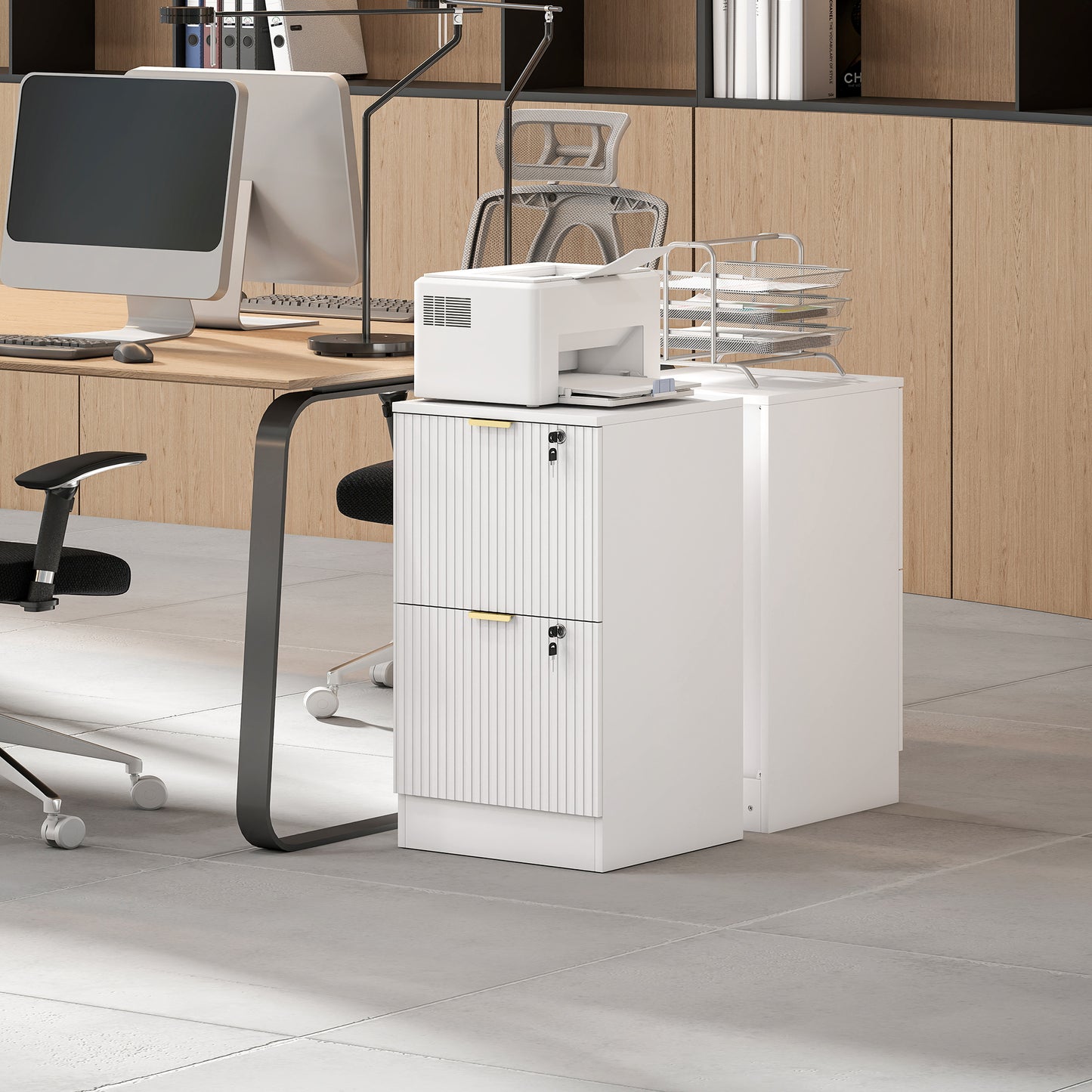 Lockable Filing Cabinet with 2 Fluted Drawers, File Cabinet with Adjustable Hanging Rails for A4 Letter Files, White
