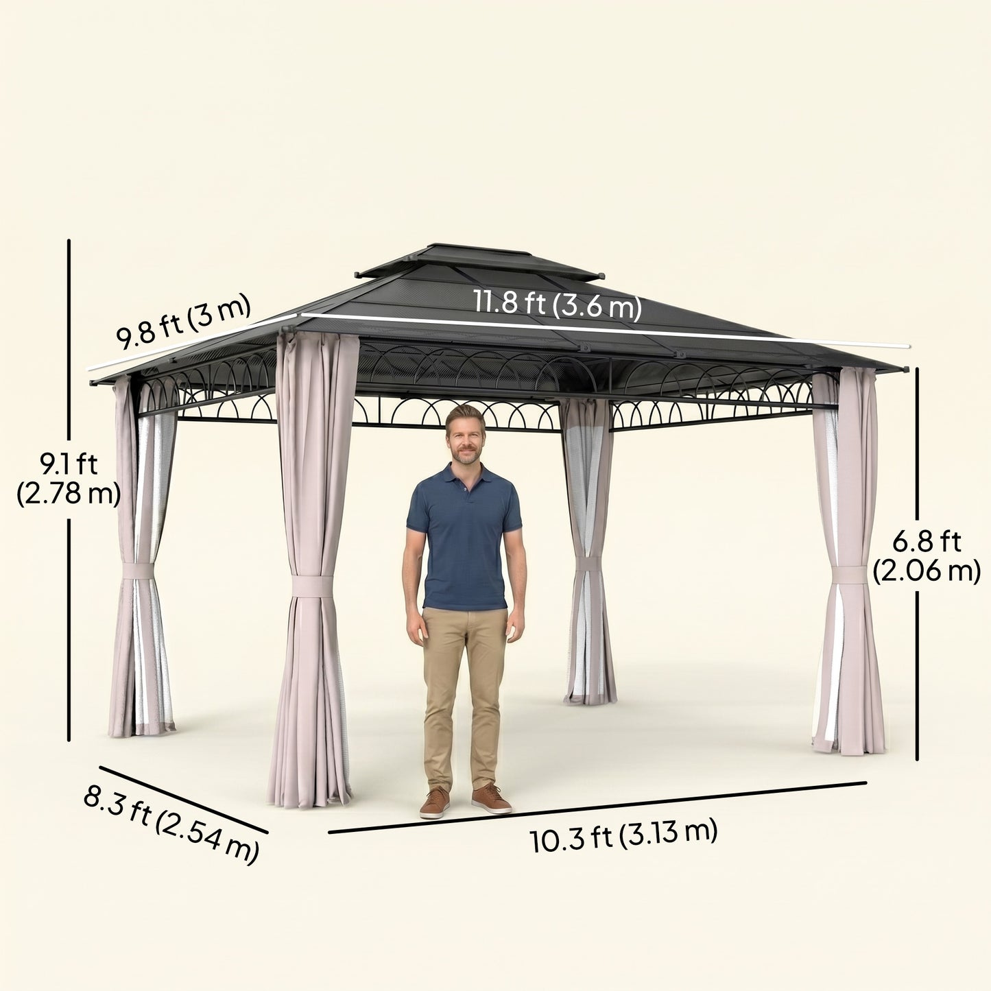 10' x 12' Outdoor Gazebo Canopy, Double Roof Hardtop Gazebo with Polycarbonate Roof, Steel Frame, Nettings and Curtains, for Garden, Lawn, Backyard and Deck, Khaki