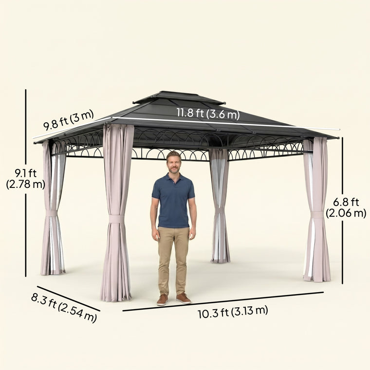 10' x 12' Khaki Double Roof Hardtop Gazebo with Curtains