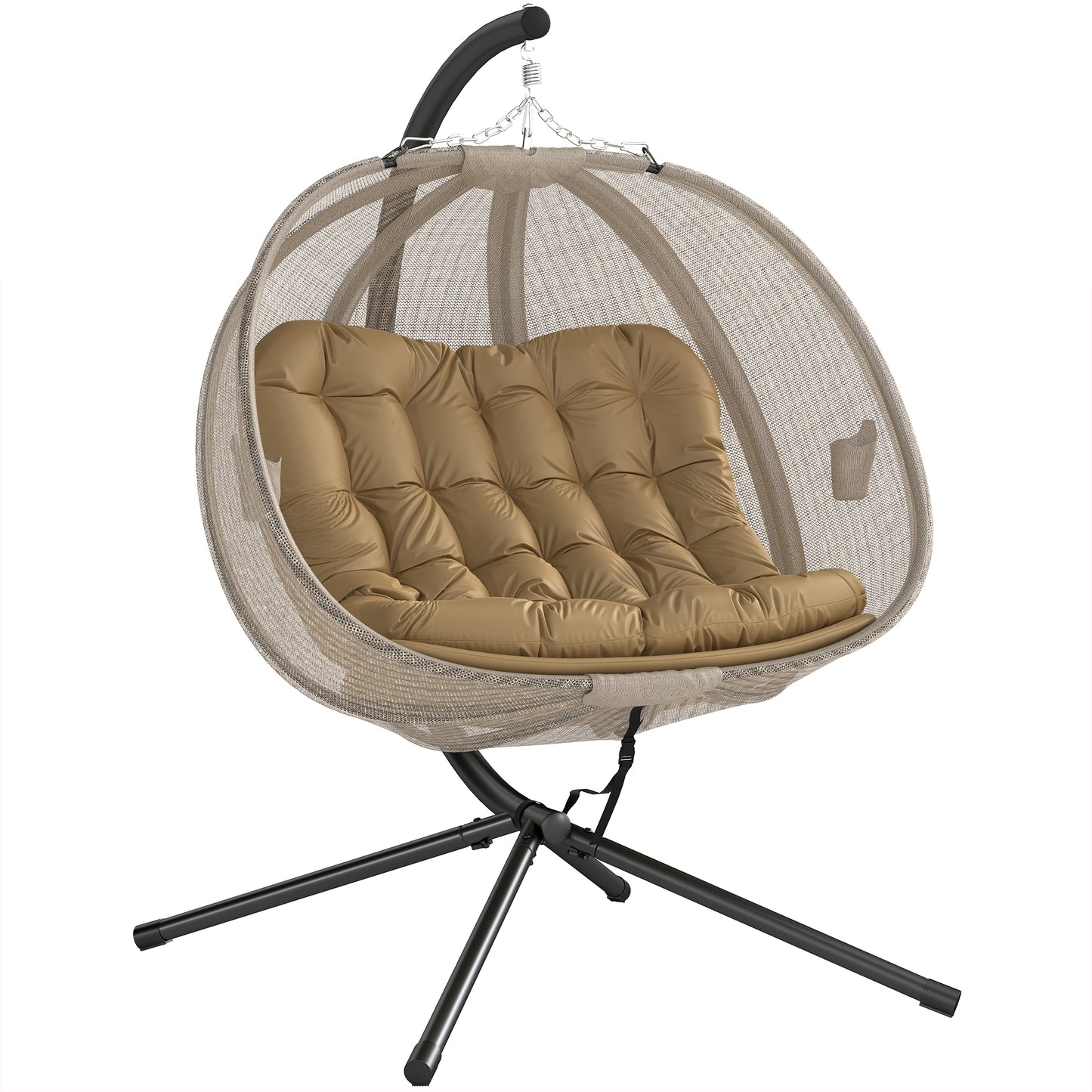 Double Egg Chair with Stand, 2 Person Hanging Swing Egg Chair with Cushion, Pockets, Khaki