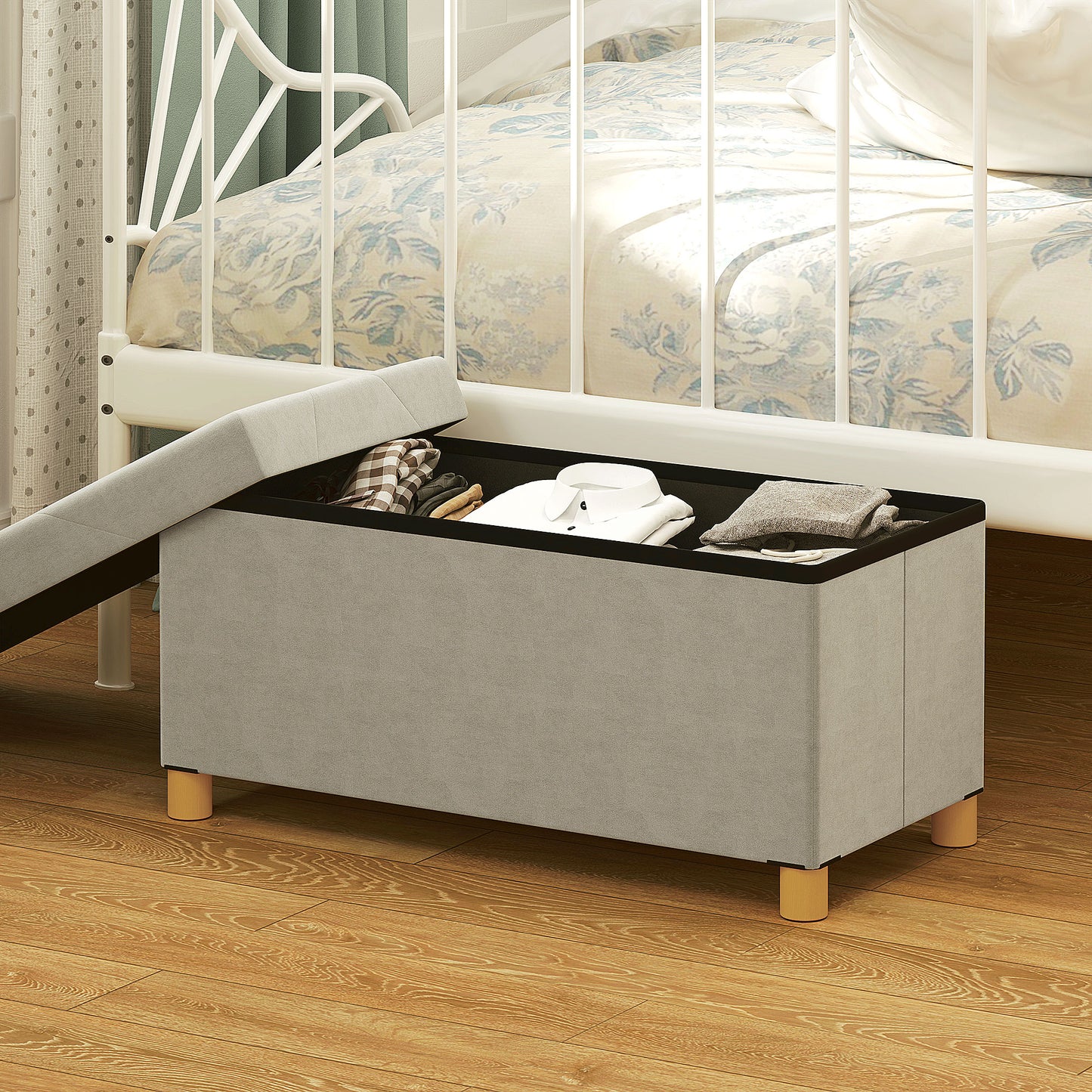 Storage Ottoman Bench, Velvet Upholstered Foldable Ottoman Footrest, Foot Stool with Wood Legs for Living Room, Bedroom