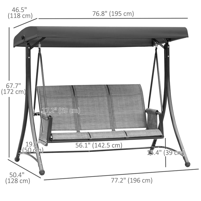 Mixed Grey 3-Person Porch Swing with Adjustable Canopy