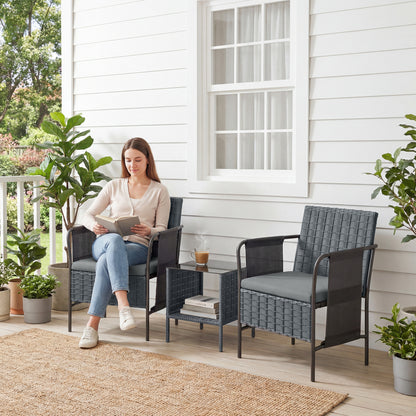 3 Piece Wicker Patio Furniture Set, Outdoor Bistro Set, Side Pockets, Mesh Seat, 2 Tier Glass Table, Cushions, Black - Grey