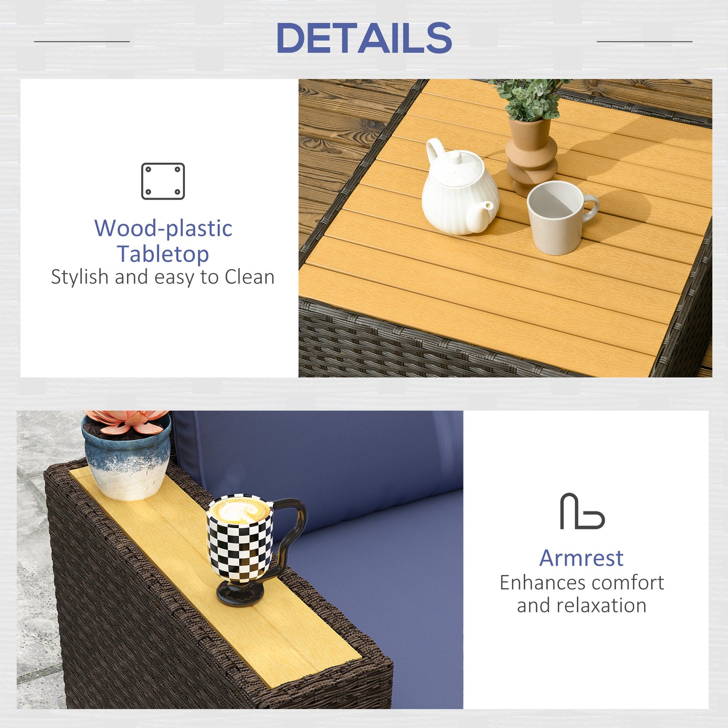 6 Pieces Outdoor Rattan Patio Furniture Set with Corner Sofa, Wood-Plastic Coffee Table, Navy Blue