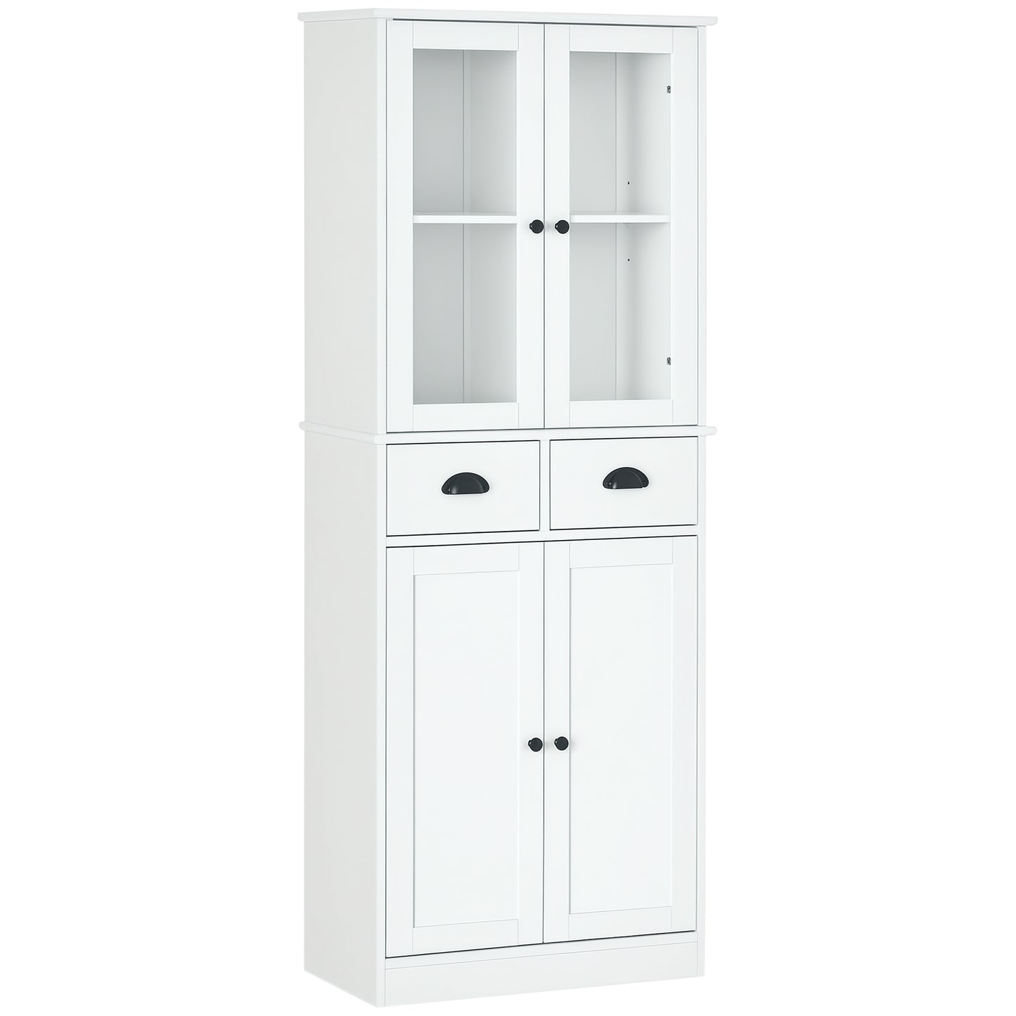61" Kitchen Pantry Cabinet, Freestanding Farmhouse Buffet Storage Cabinet with Soft Close Glass Doors and Adjustable Shelves, White