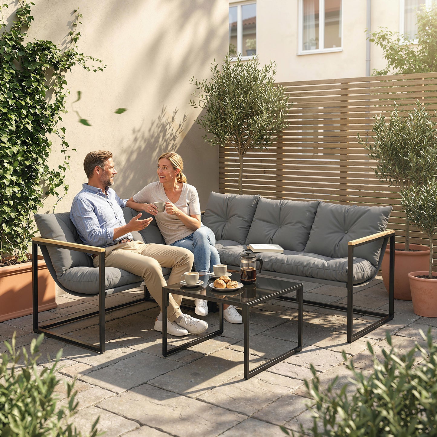 4 Piece Patio Furniture Set with Thick Cushions and Coffee Table, Patio Conversation Set for Porch, Balcony, Deck, Grey