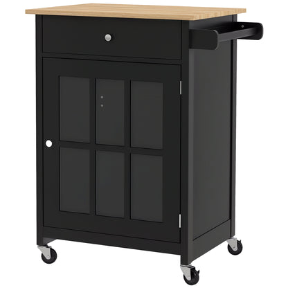 Rolling Kitchen Cart with Drawer and Glass Cabinet - Black