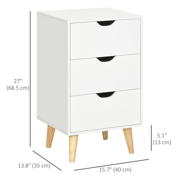 3-Drawer Nightstand with Wood Legs - White
