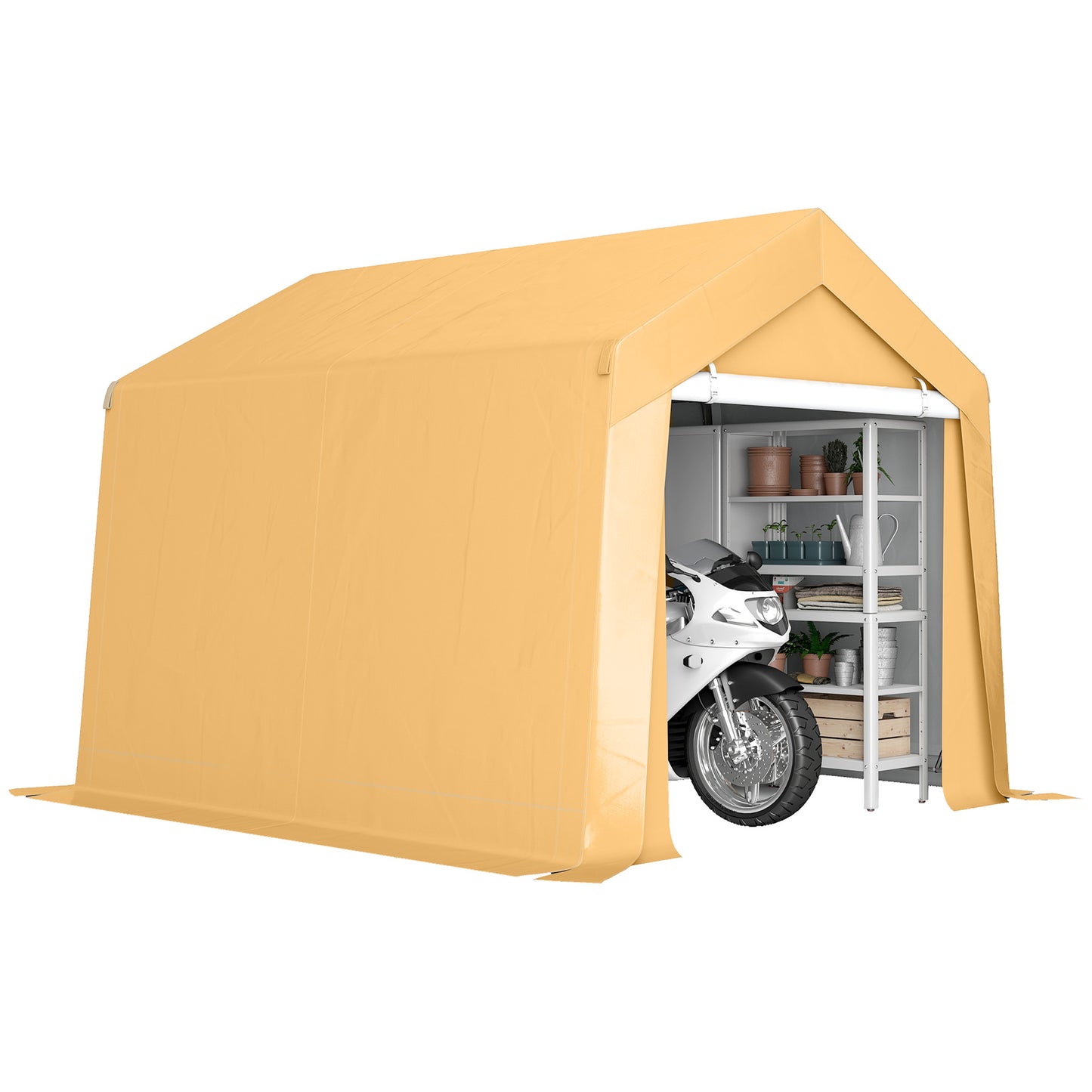 Outdoor Storage Shed Portable Garage with Roll-up Door for Motorcycle, Bike, Garden Tools, Beige