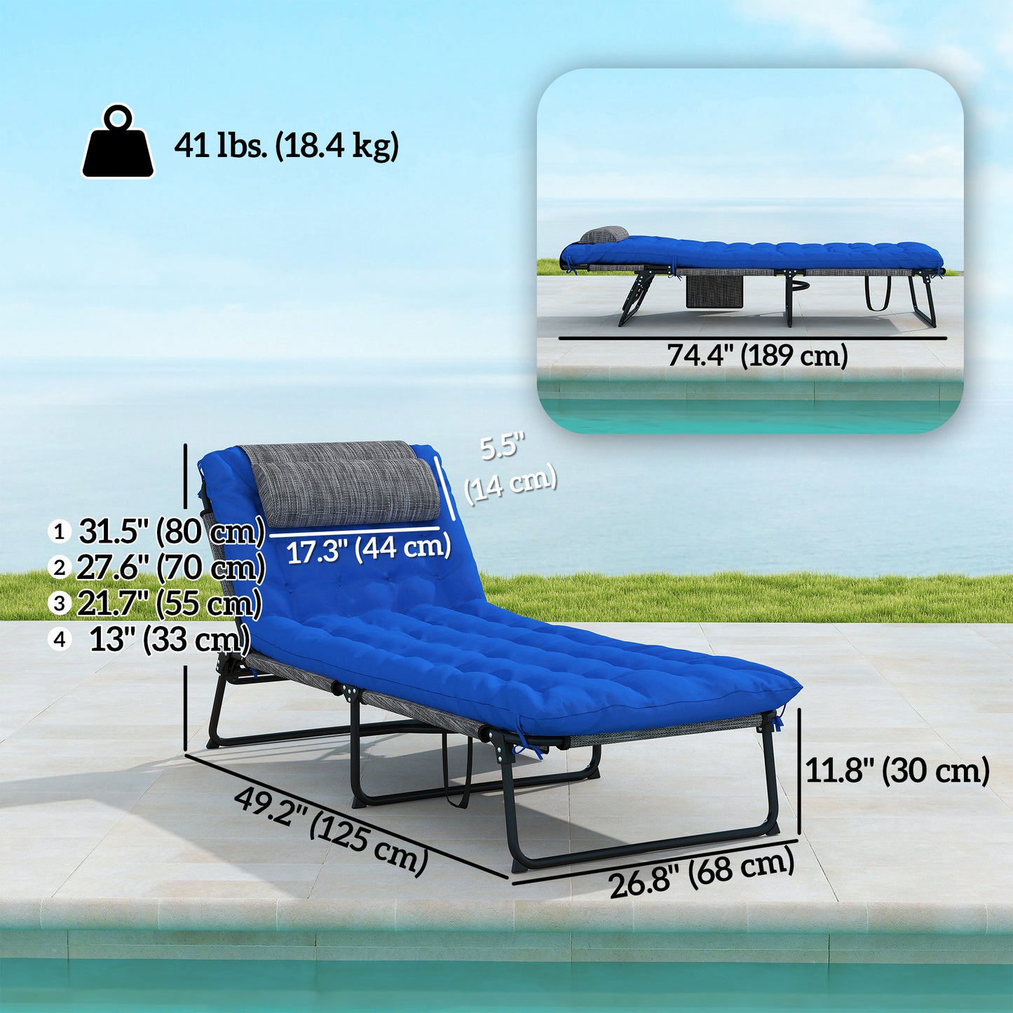 2-Piece Folding Lounge Chairs with Adjustable Backrest, Tanning Chair with Cushion, Side Pocket, Headrest, Beige
