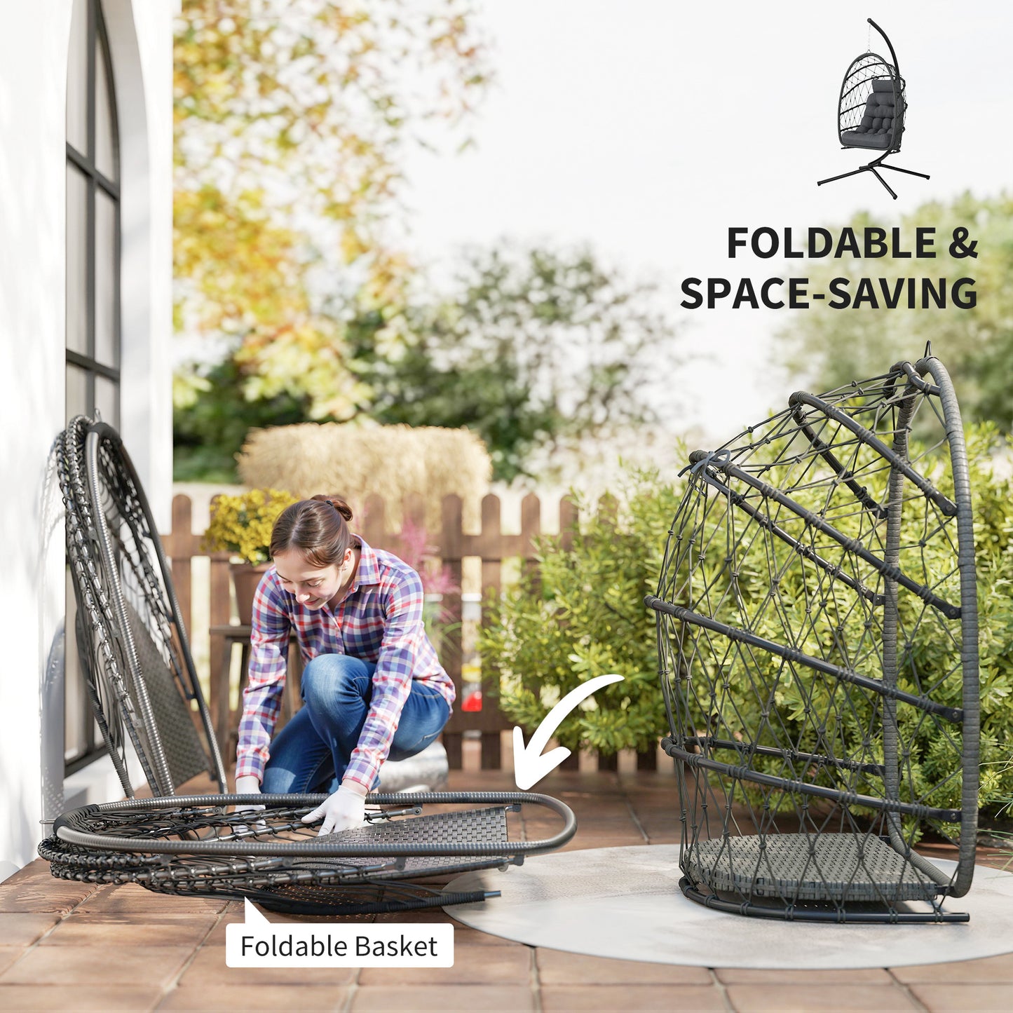 Hanging Egg Chair with Stand, Foldable Wicker Rattan Swing Chair with Thick Cushion and Safety Rope, Grey