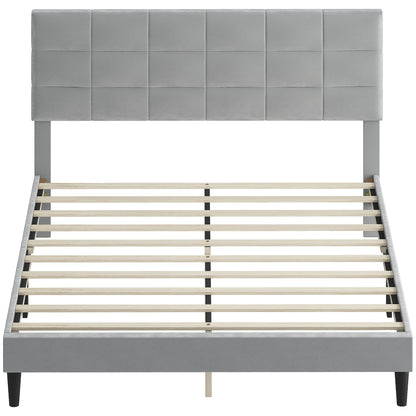 Queen Platform Bed Frame with Upholstered Headboard - Grey