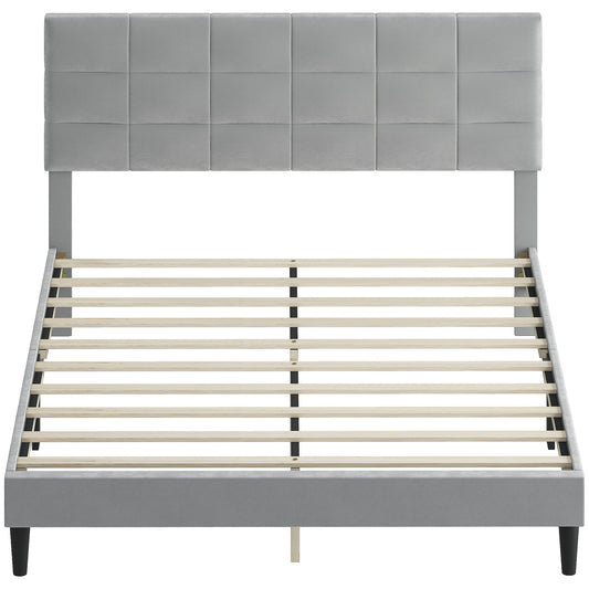 Queen Platform Bed Frame with Upholstered Headboard - Grey