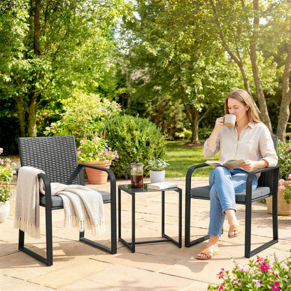 Outdoor Bistro Set, 3 Piece Wicker Patio Furniture with Mesh Seat, Glass Table, Cushions for Porch, Balcony, Grey - Grey
