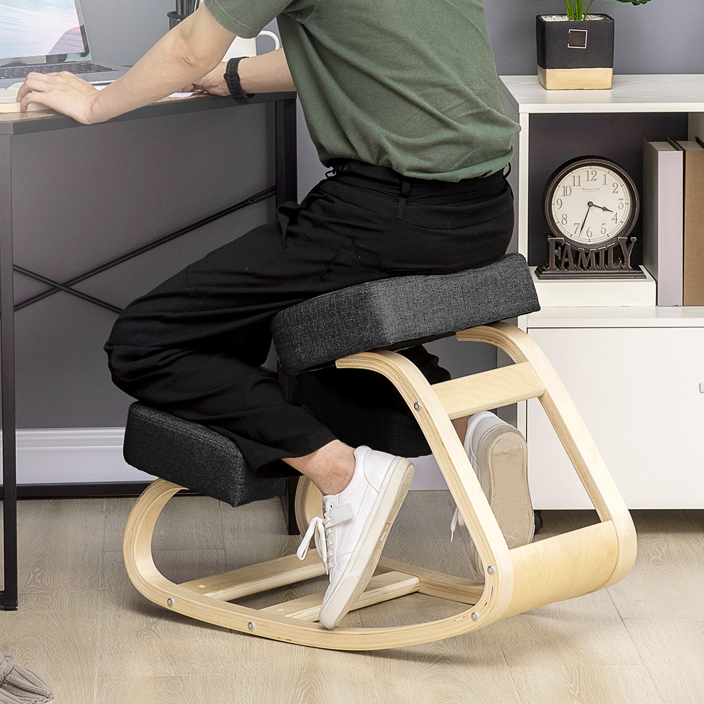 Ergonomic Kneeling Chair, Wood Kneel Stool with Thick Pads, Desk Knee Chair, Improve Posture, Black