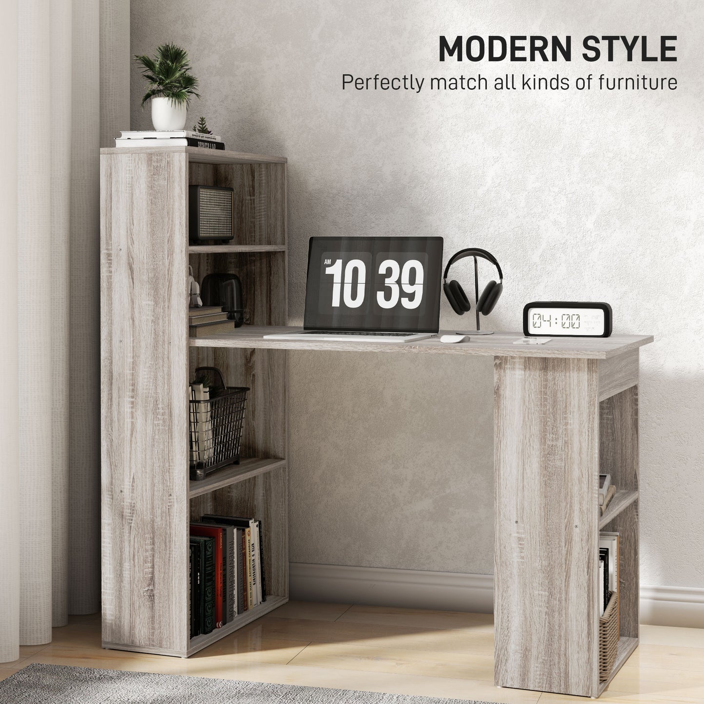 Computer Desk with Storage, PC Table with Bookshelf for Home Office, Study Room, Oak