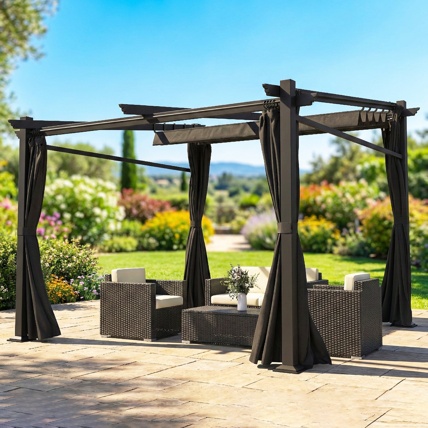 Metal Pergola with Sliding Roof Canopy, Retractable Pergola Canopy