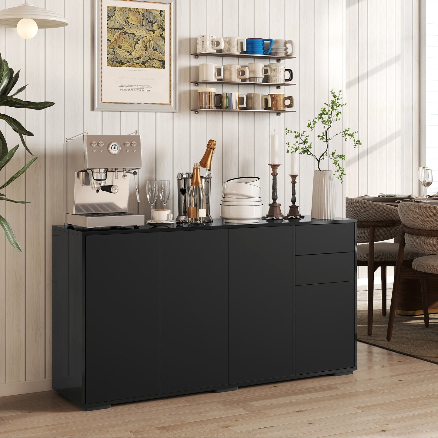 Kitchen Sideboard Storage Cabinet, Modern Coffee Bar Cabinet with Push-Open Design and 2 Drawers for Living Room, Black