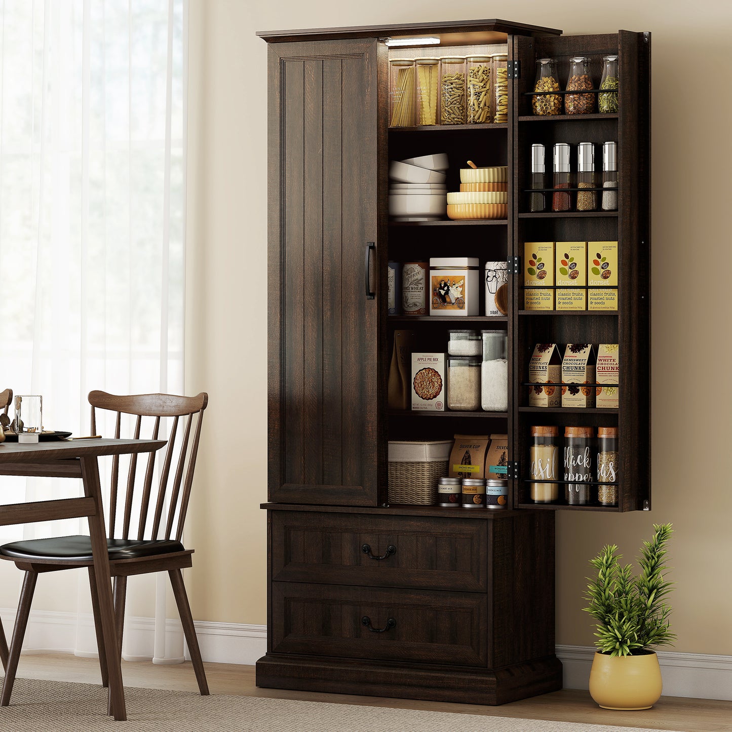72" LED Kitchen Pantry Cabinet, Buffet Storage Cabinet with 10 Door Shelves, 2 Drawers and Adjustable Shelves, Brown