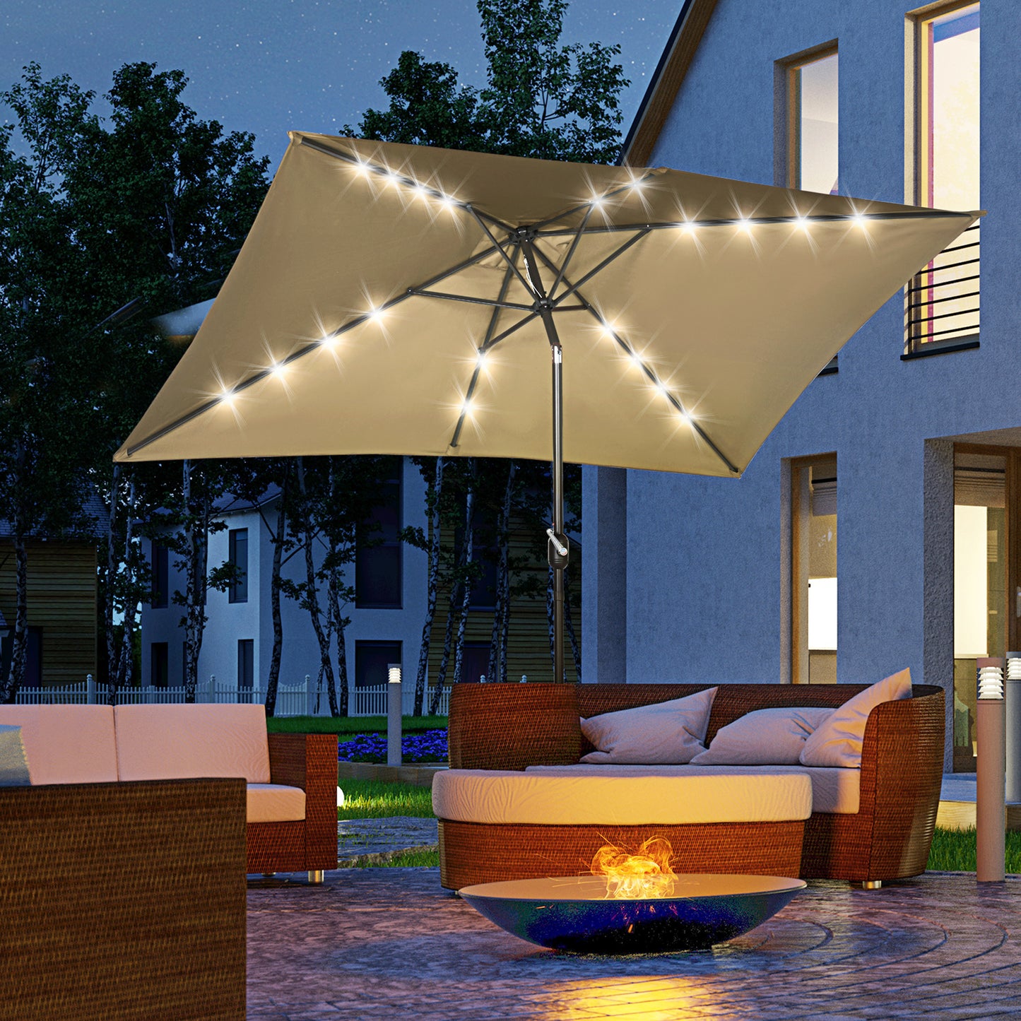 6.5x10ft Patio Umbrella Rectangle Solar Powered Tilt Aluminum Outdoor Market Parasol with LEDs Crank (Light Coffee)