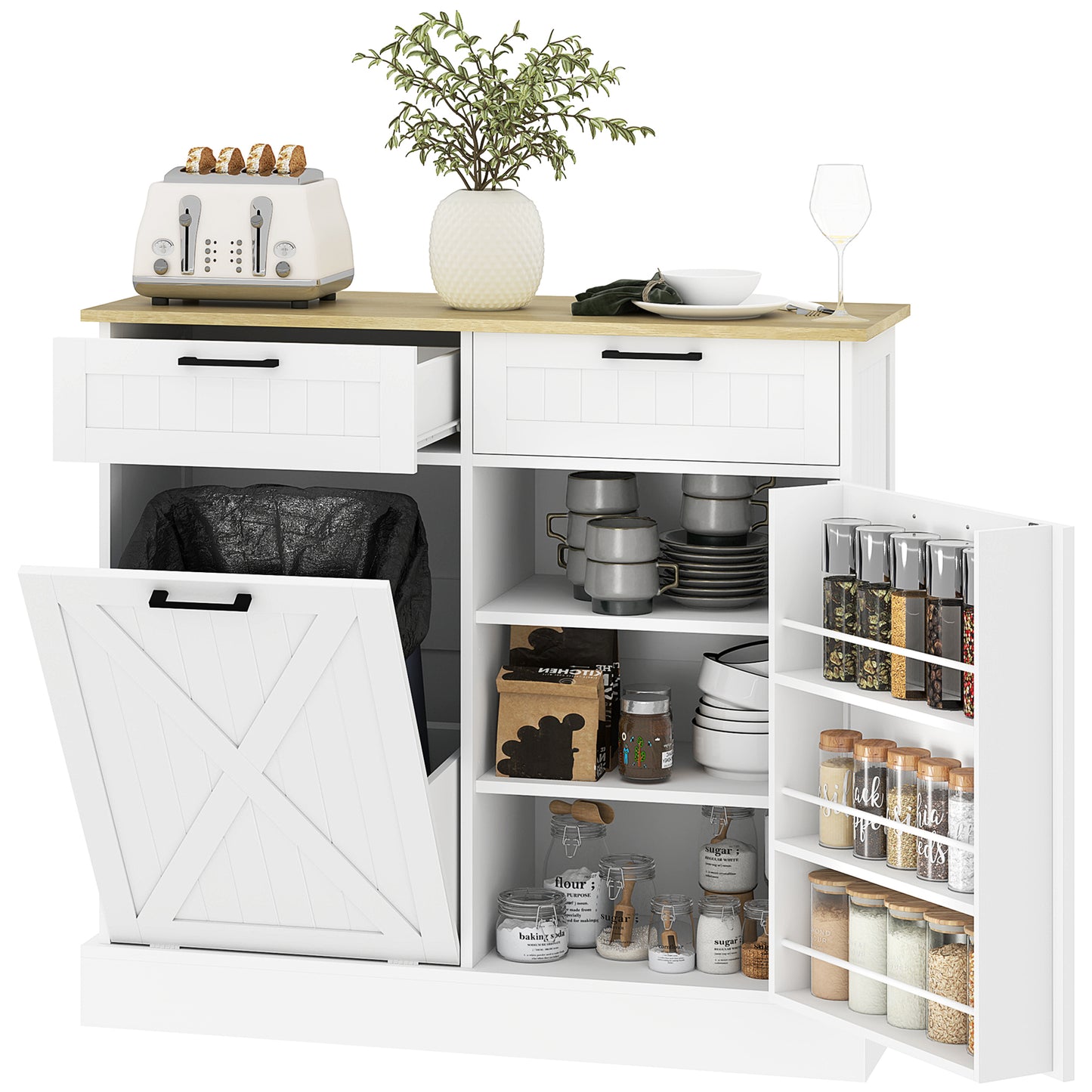 10 Gallon Hidden Garbage Bin Cabinet, Tilt Out Trash Cabinet w/ 2 Drawers, Freestanding Kitchen Island, White