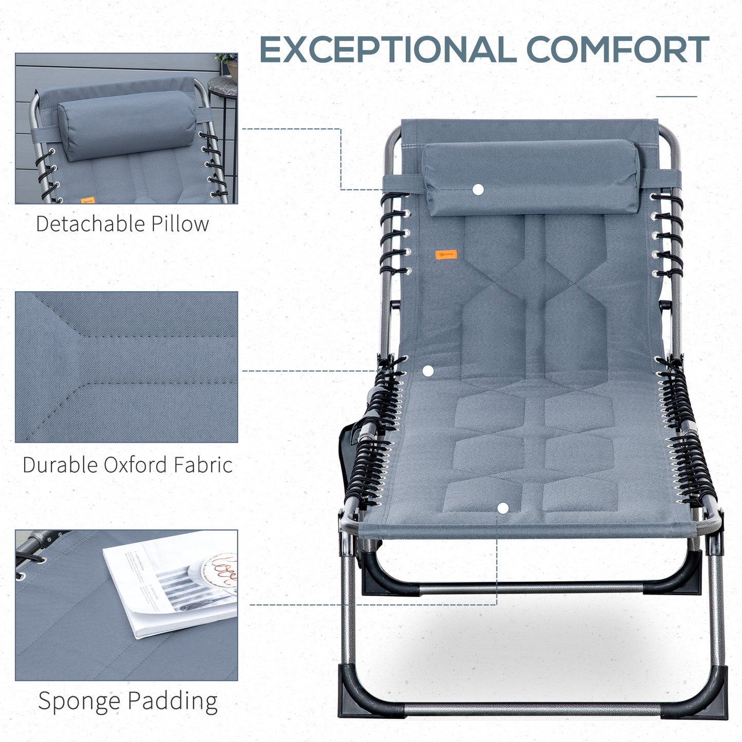 Folding Chaise Lounge Chair, Outdoor Padded Reclining Chair with 5-position Adjustable Backrest, Pillow and Pocket for Patio, Deck, Beach, Lawn and Sunbathing, Black