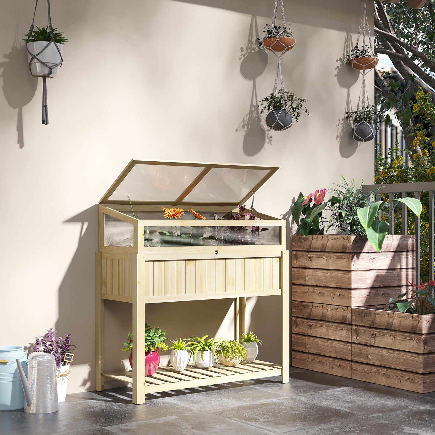Raised Garden Bed, Outdoor Wooden & PVC Elevated Planter Box with Cold Frame Greenhouse and Storage Shelf, Natural