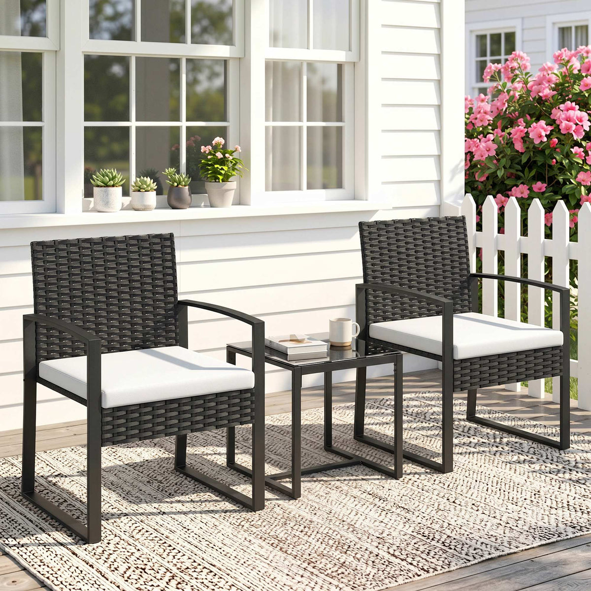 Outdoor Bistro Set, 3 Piece Wicker Patio Furniture Set with Glass Top Table and Cushions for Porch, Balcony, Cream White