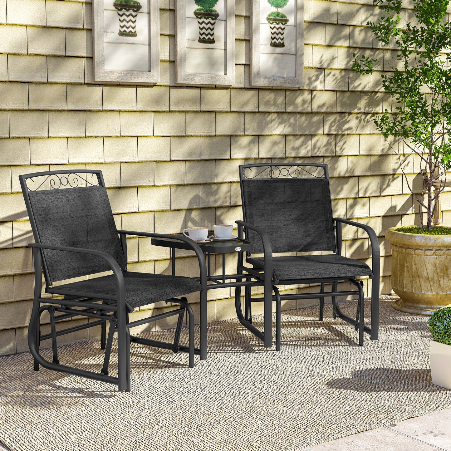 Outdoor Glider Bench with Coffee Table, Patio 2-Seat Rocking Chair Swing Loveseat with Breathable Sling for Backyard Garden Porch, Black