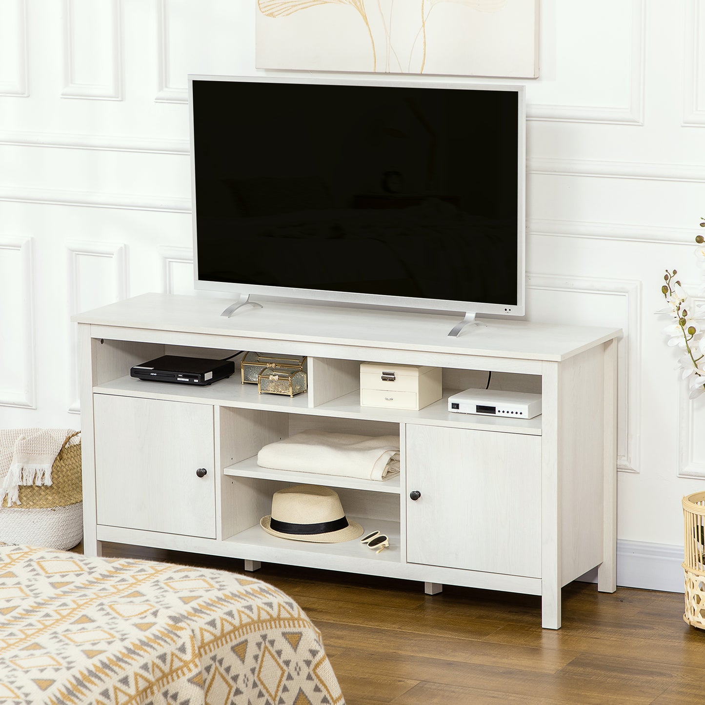 TV Stand for TVs up to 55", TV Unit with Storage Cupboard and Shelves, 55.1" x 15.7" x 27", White