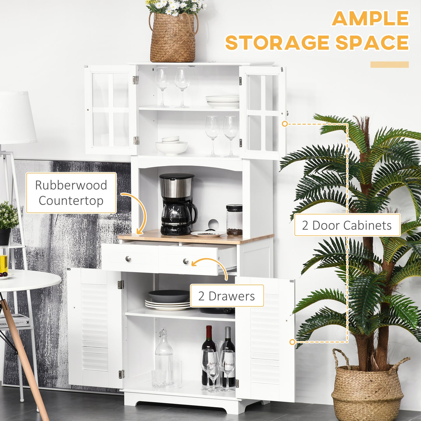 Coastal Style Kitchen Buffet and Hutch Wooden Storage Cupboard with Framed Glass Door LouveredCabinet Drawers Microwave Space for Dining Room Living Room White