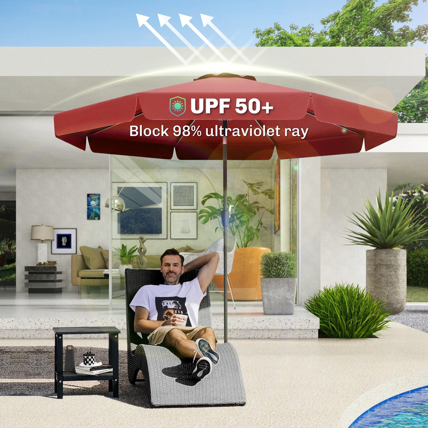 8.5 ft Outdoor Market Table Umbrella, Round Patio Umbrella with Tilt and Crank for Garden, Backyard, Deck, Wine Red