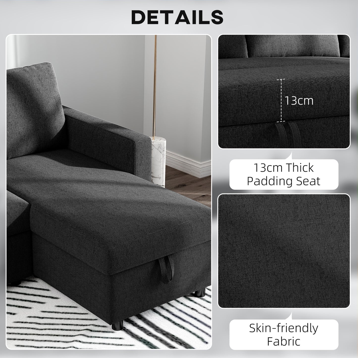 83" Pull-Out Sleeper Sectional with Storage Chaise - Black
