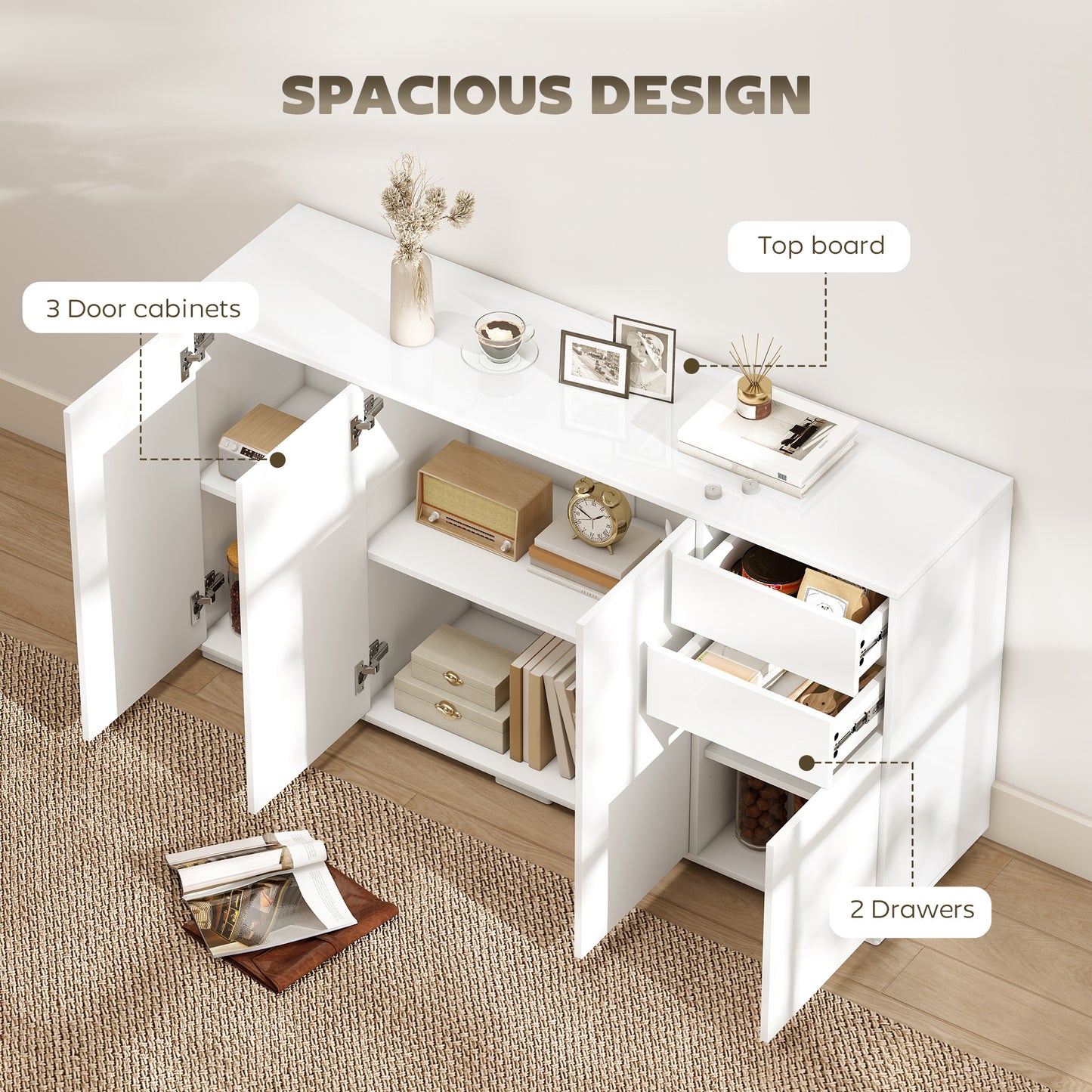 Kitchen Sideboard Storage Cabinet, Modern Coffee Bar Cabinet with Push-Open Design and 2 Drawers for Living Room, White