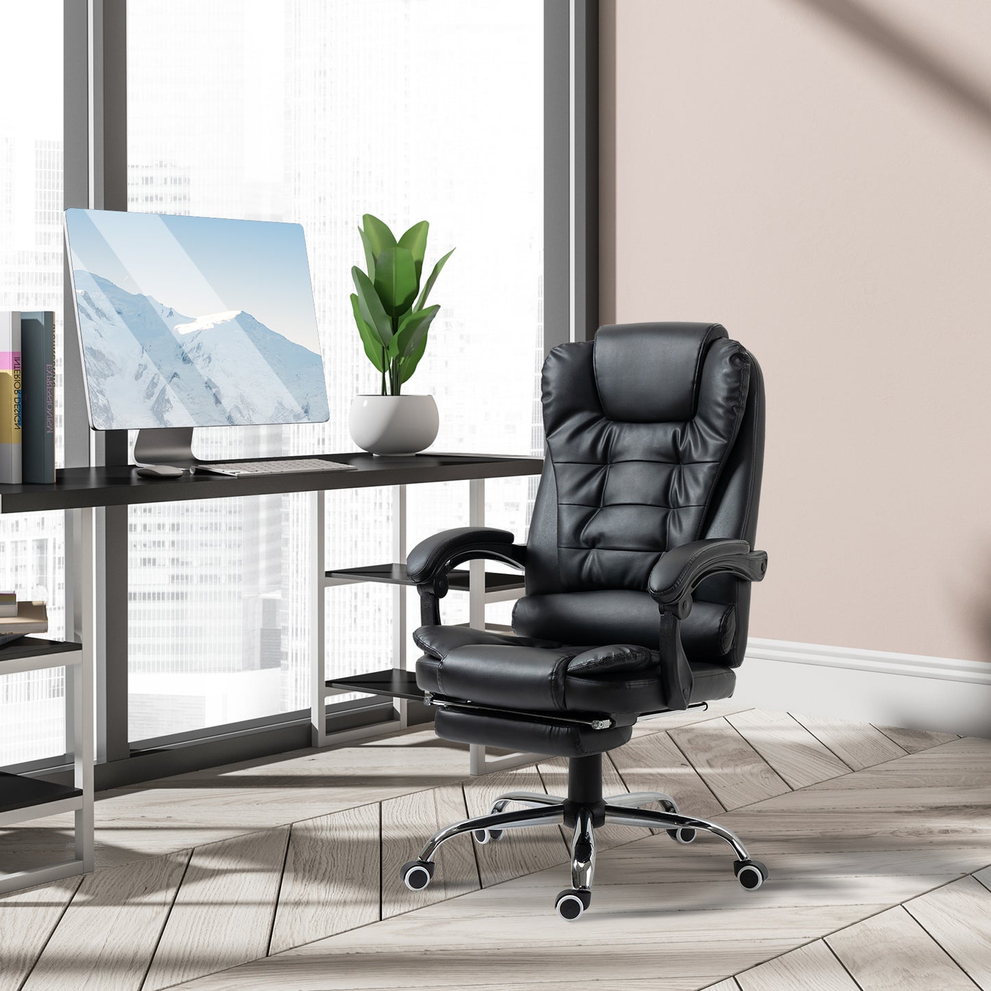 Ergonomic Office Chair with Back Support, PU leather Executive Office Chair with High Back, Retractable Footrest, Black