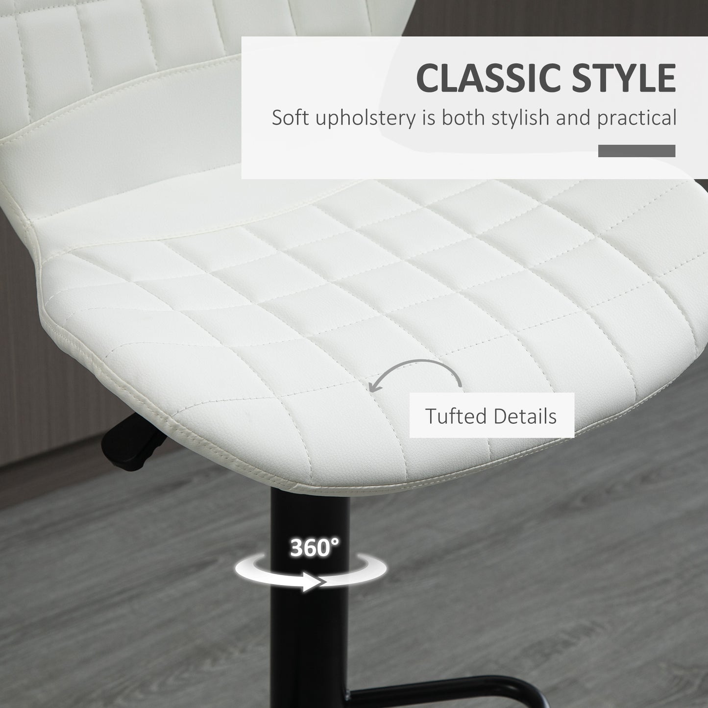 Bar Stools Set of 2 Adjustable Height Swivel Bar Chairs in PU Leather with Backrest & Footrest, White