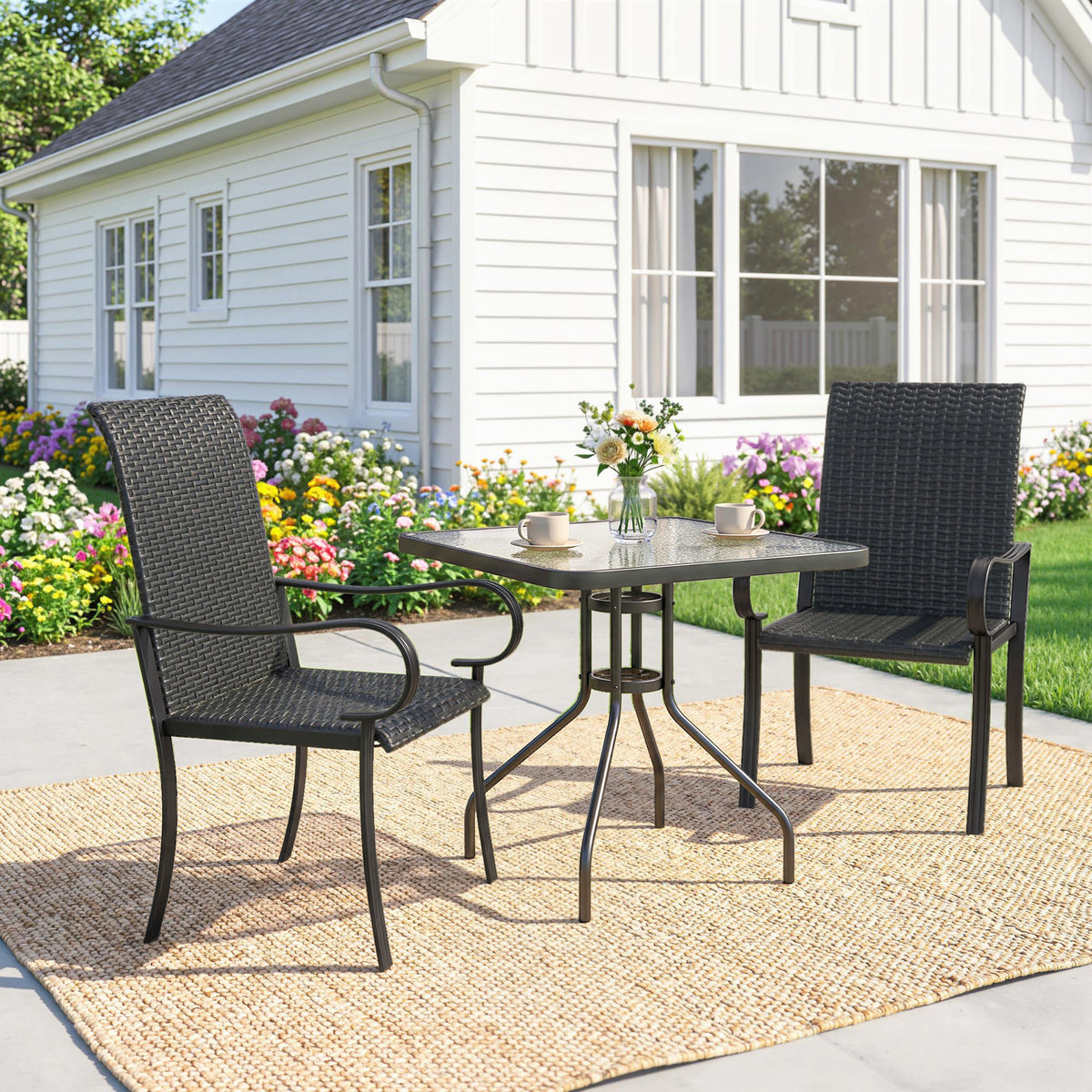 2 Piece PE Rattan Patio Dining Chairs with Steel Frame, for Garden, Backyard, Pool Side, Porch, Black