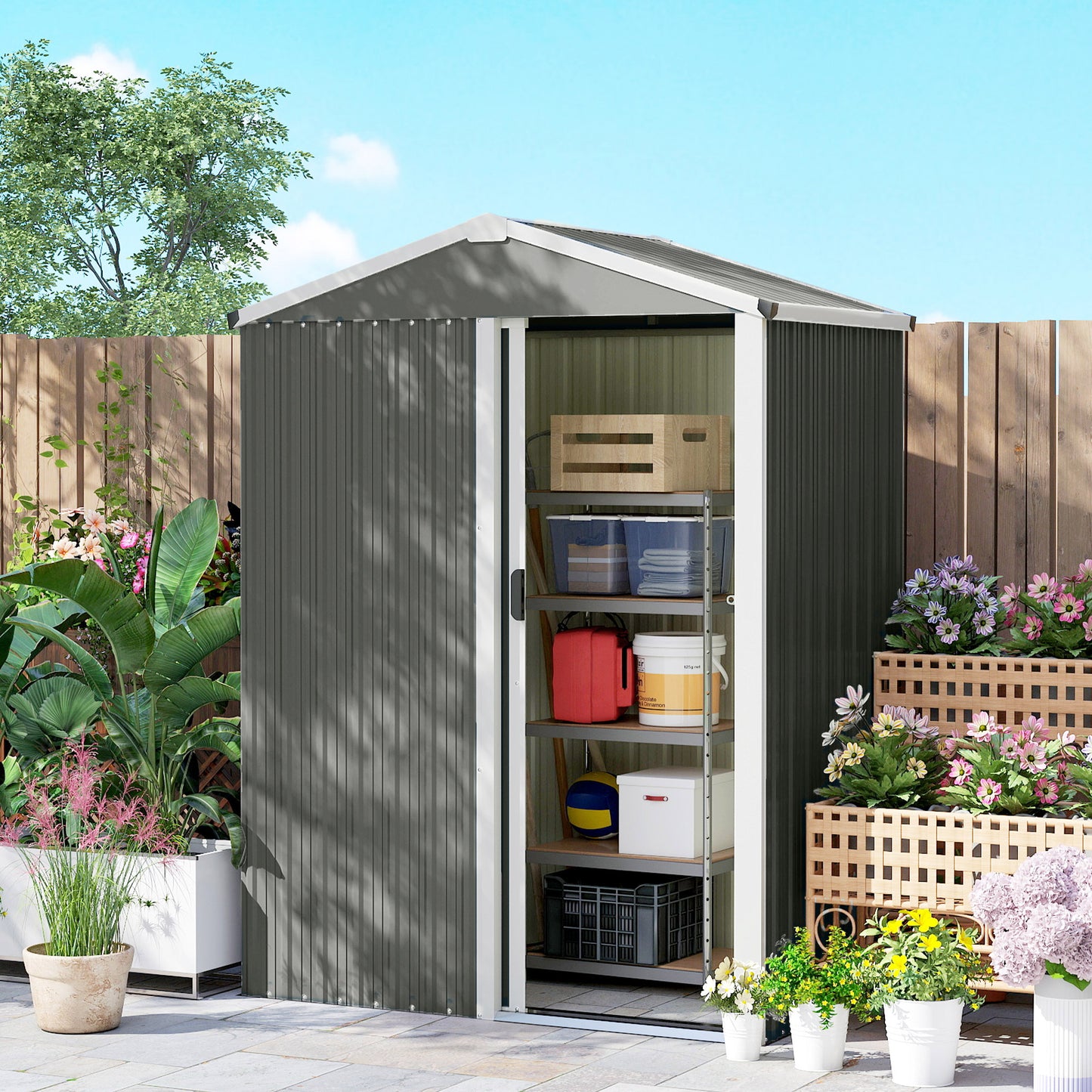 4.5 x 3ft Outdoor Storage Shed, Waterproof Metal Garden Shed with Lockable Door for Backyard, Patio, Lawn, Light Grey