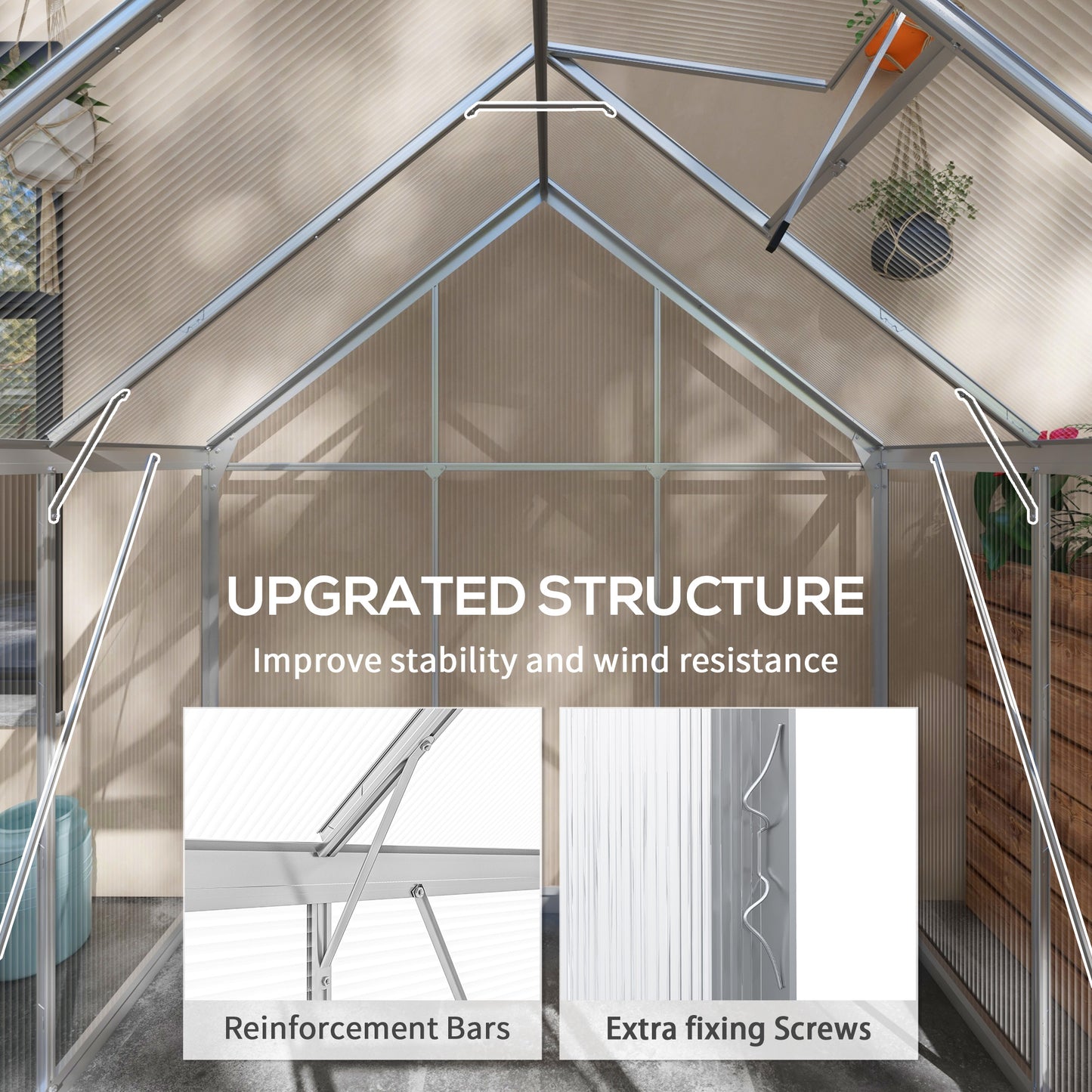 Walk-In Greenhouse, Polycarbonate Greenhouse with Sliding Door, Window, Aluminium Frame, Foundation, Silver
