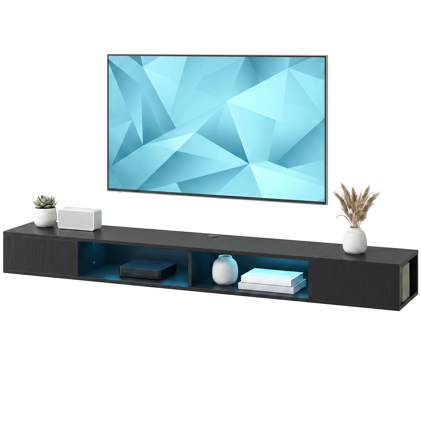 TV Stand with RGB LED Lights, Entertainment Center with Open Shelves for 75 Inch TV, Black Wood Grain