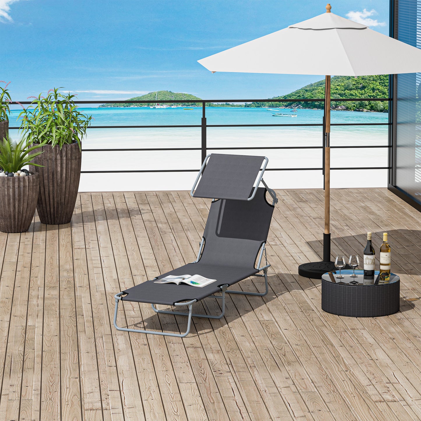 Outdoor Lounge Chair, Adjustable Folding Chaise Lounge, Tanning Chair with Sun Shade for Beach, Camping, Hiking, Backyard, Light Grey