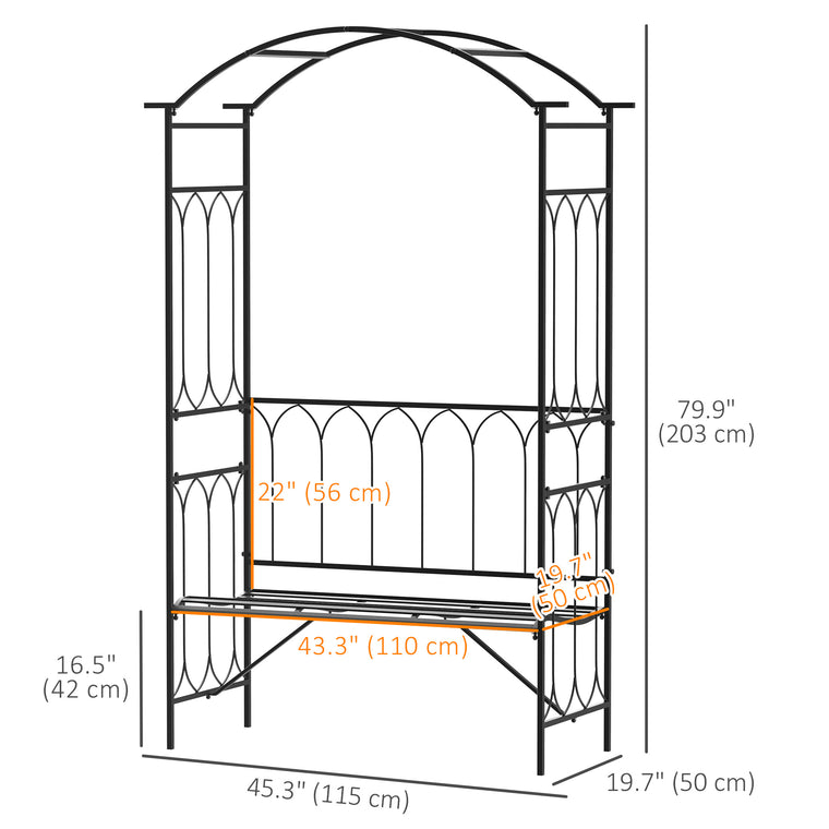 80" Black Metal Garden Arbor Arch with 2-Seater Bench