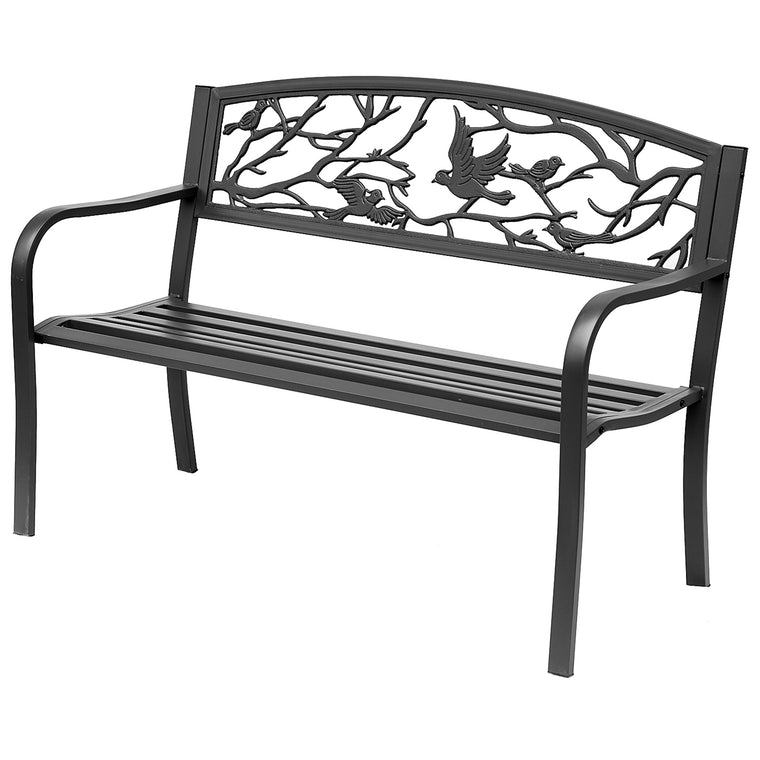 50" Garden Bench Outdoor Loveseat with Vintage Bird Pattern Cast Metal
