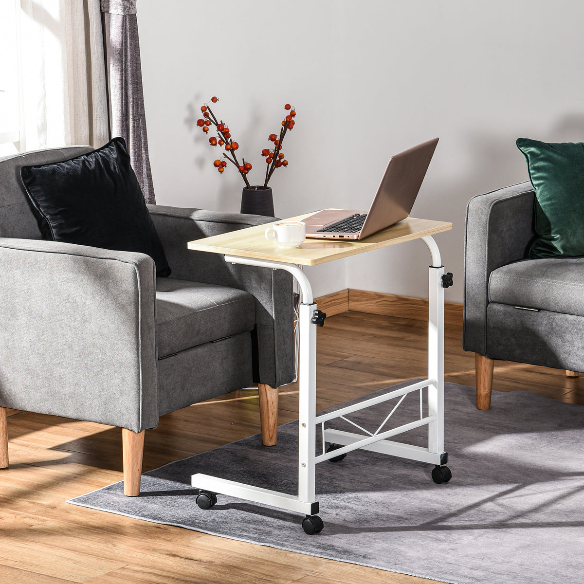 Mobile Standing Desk with Adjustable Height, 23.5 inch Stand Up Desk with Wheels, Natural Wood
