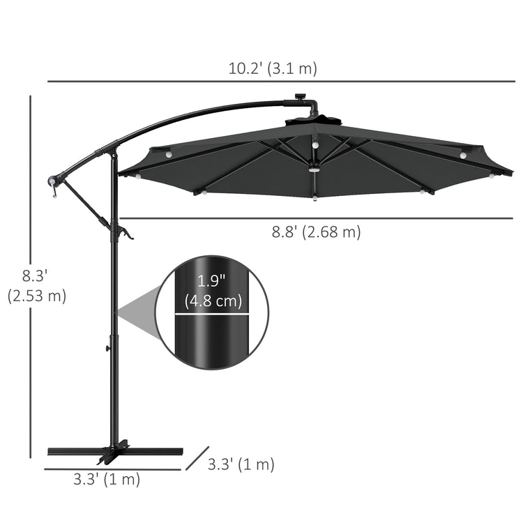 8.8FT Grey Cantilever Umbrella with Solar LED Lights & Crank