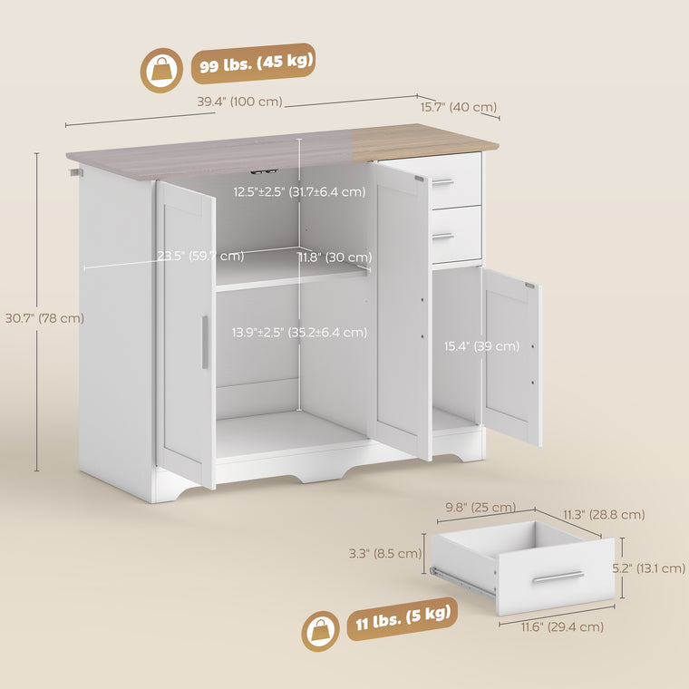 40" Sideboard Buffet Cabinet with 2 Drawers and 3 Doors - White